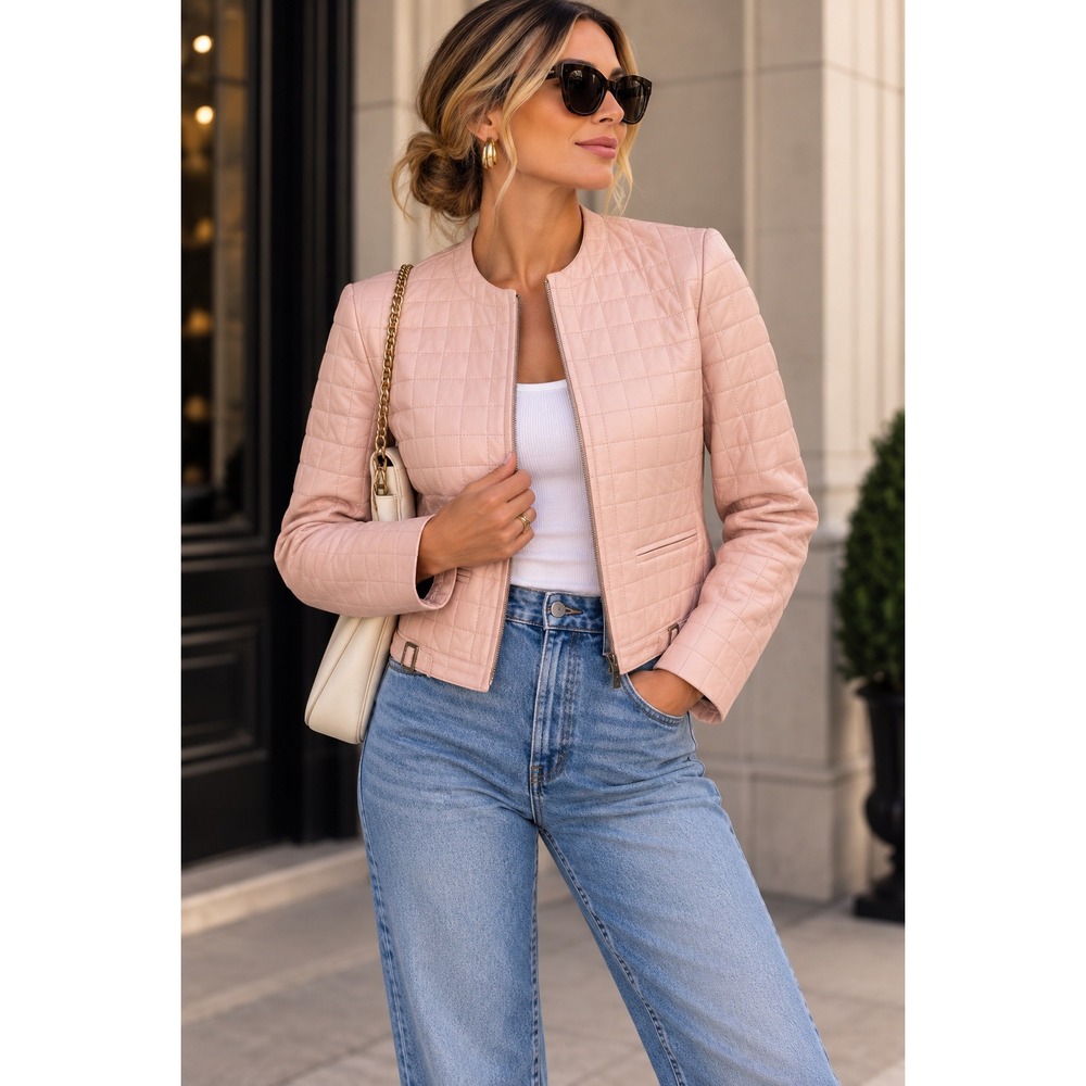 Siena Studio Pink Leather Quilted Moto Jacket Women's M Medium Y2K